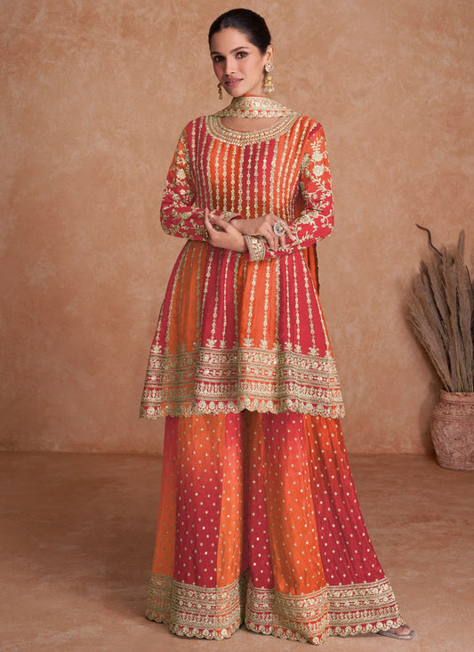 Orange Colour Chinon Fabric Partywear Palazzo Suit