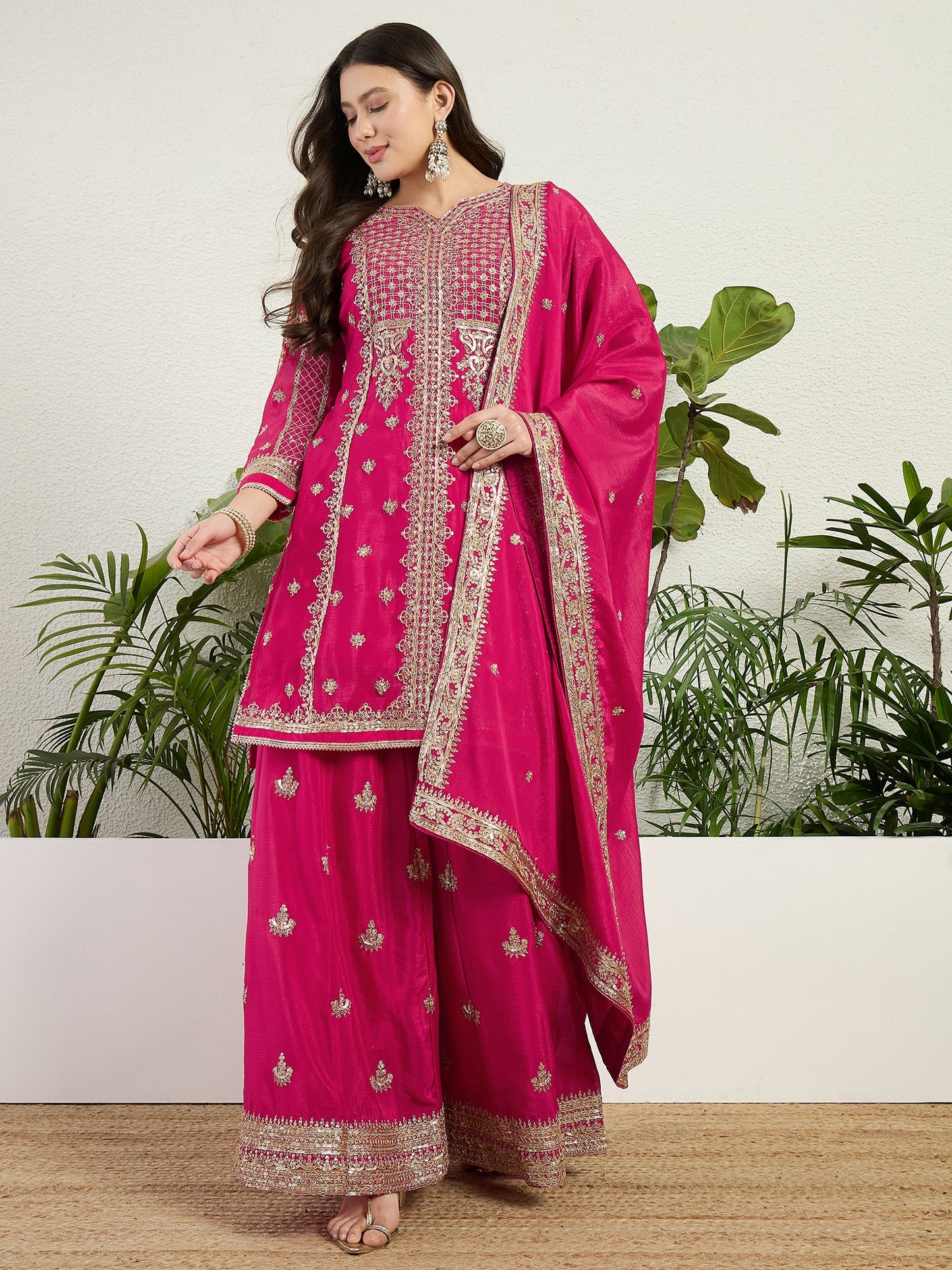 Elegant Pink Chinon Kurta Palazzo Set | Festive & Wedding Wear