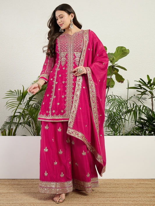 Elegant Pink Chinon Kurta Palazzo Set | Festive & Wedding Wear