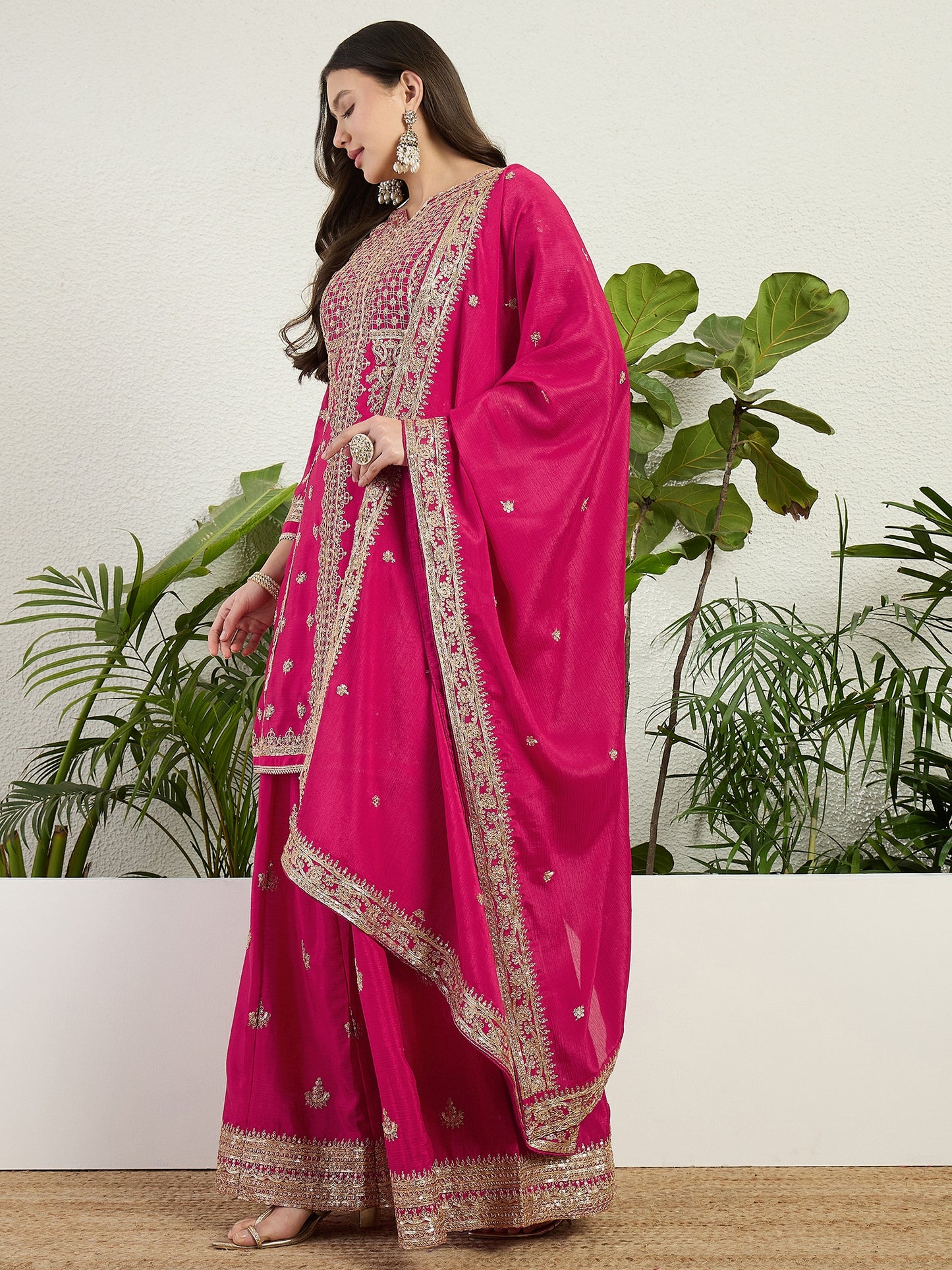 Elegant Pink Chinon Kurta Palazzo Set | Festive & Wedding Wear