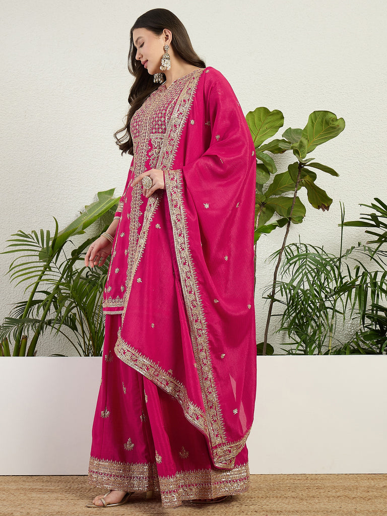 Elegant Pink Chinon Kurta Palazzo Set | Festive & Wedding Wear