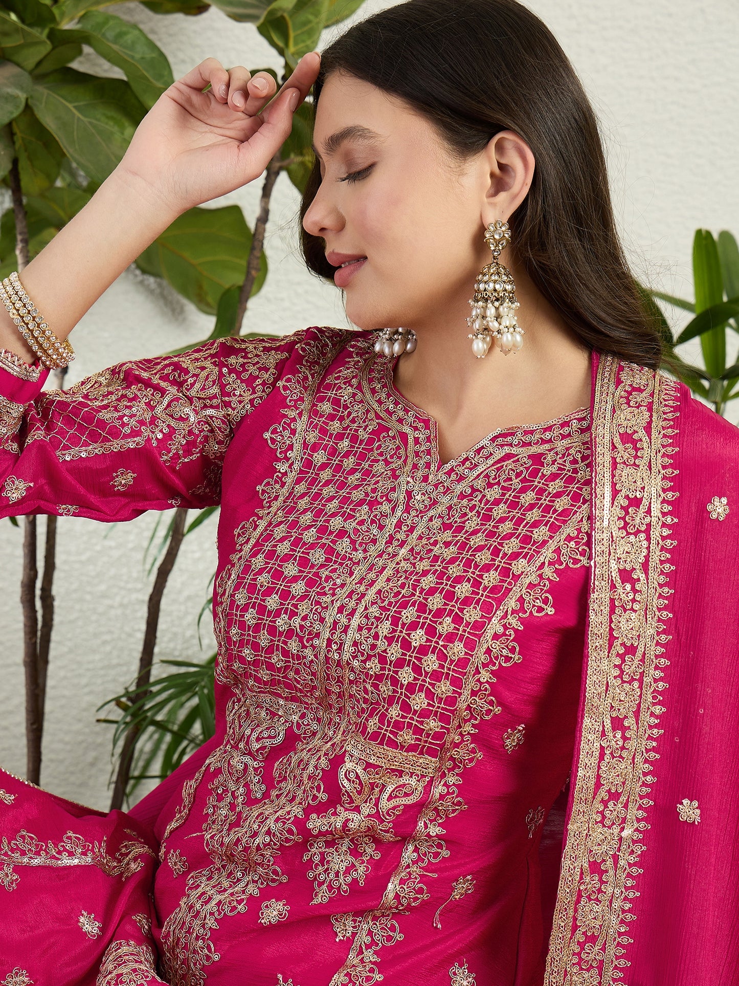 Elegant Pink Chinon Kurta Palazzo Set | Festive & Wedding Wear
