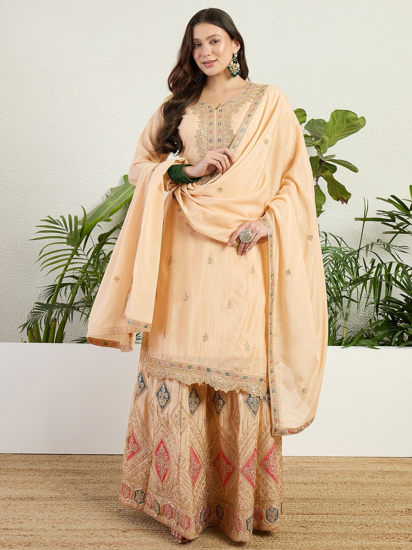 Cream Embroidered Chinon Lehenga Set