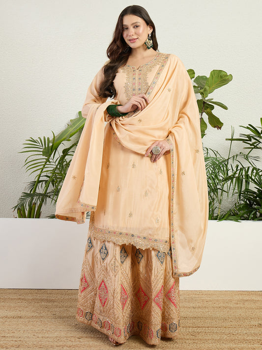 Cream Embroidered Chinon Lehenga Set