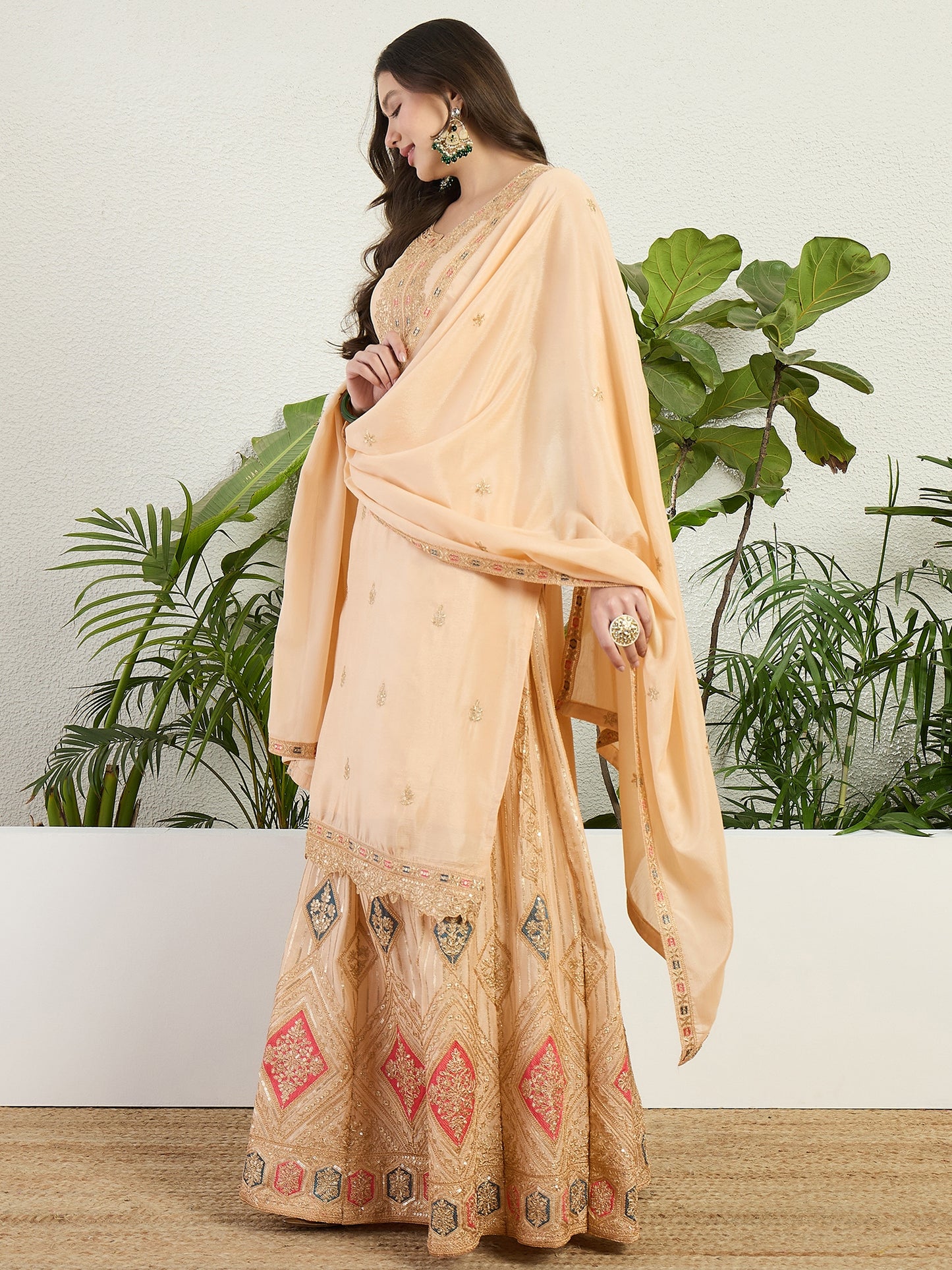 Cream Embroidered Chinon Lehenga Set