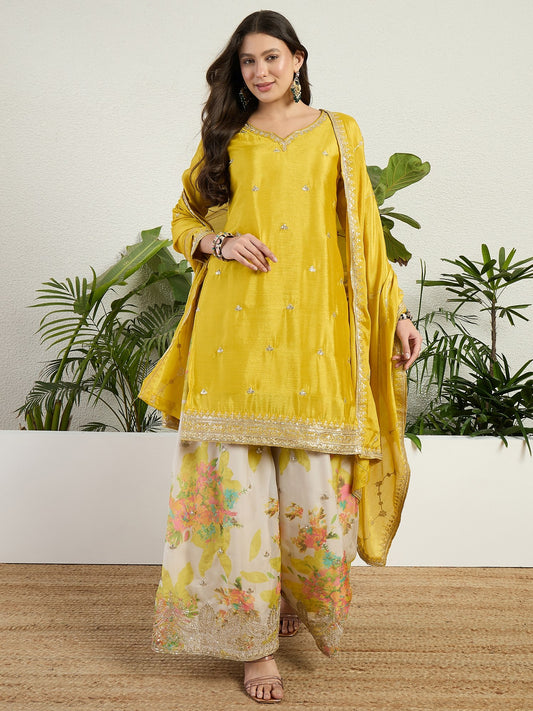 Yellow Embroidered Chinon Kurta Palazzo Set