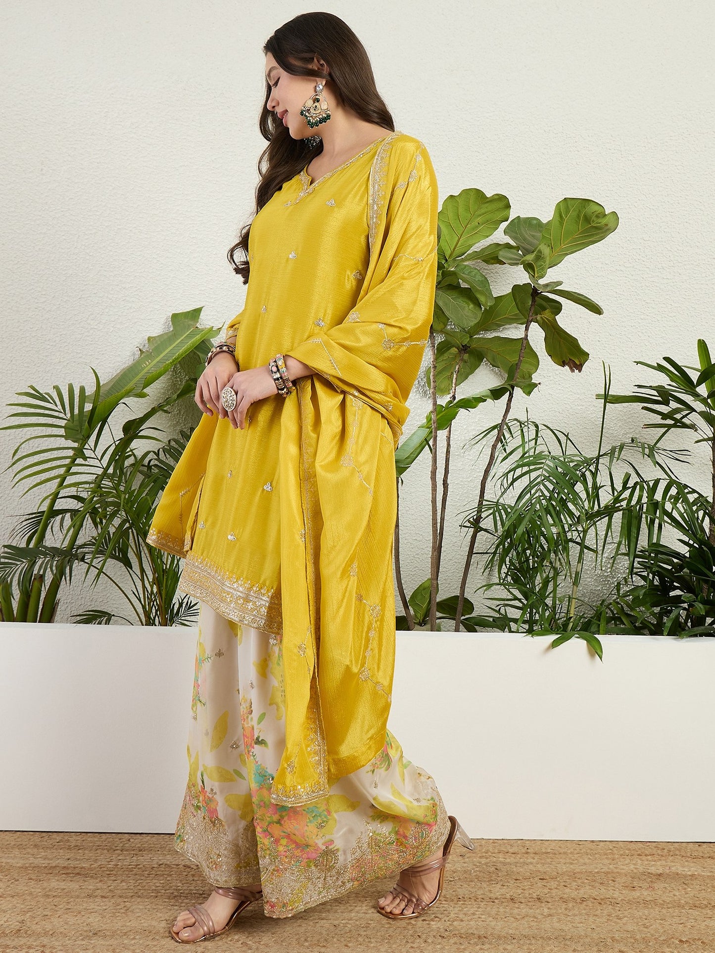 Yellow Embroidered Chinon Kurta Palazzo Set