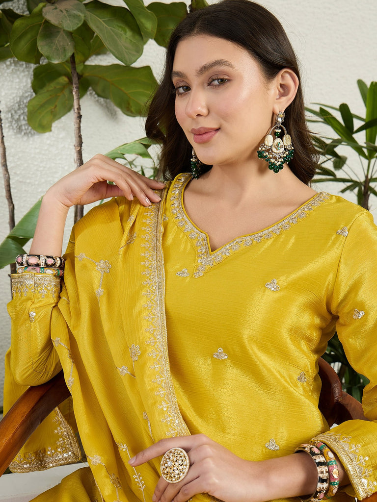 Yellow Embroidered Chinon Kurta Palazzo Set