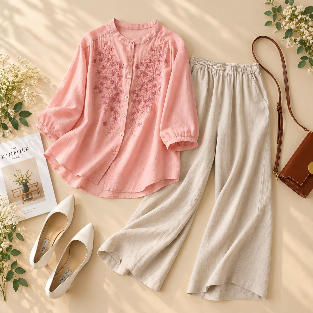 Women’s Pink Embroidered Shirt with Beige Pants Set