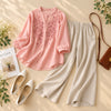 Women’s Pink Embroidered Shirt with Beige Pants Set