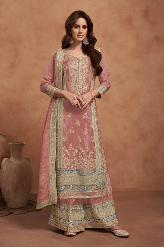 Peach Coluer Partywear Kurta Palazzo Suit