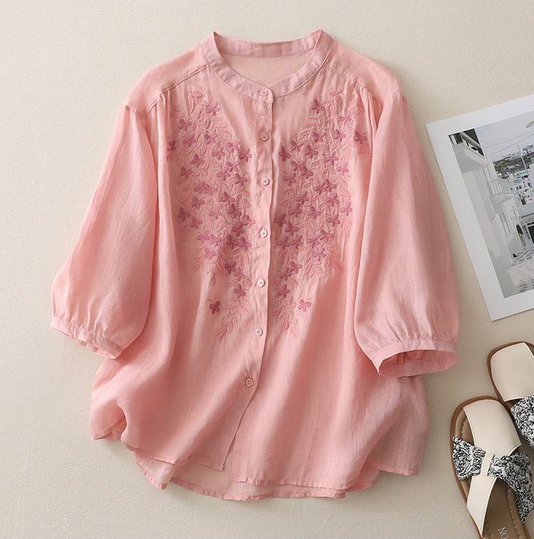Women’s Pink Embroidered Shirt with Beige Pants Set