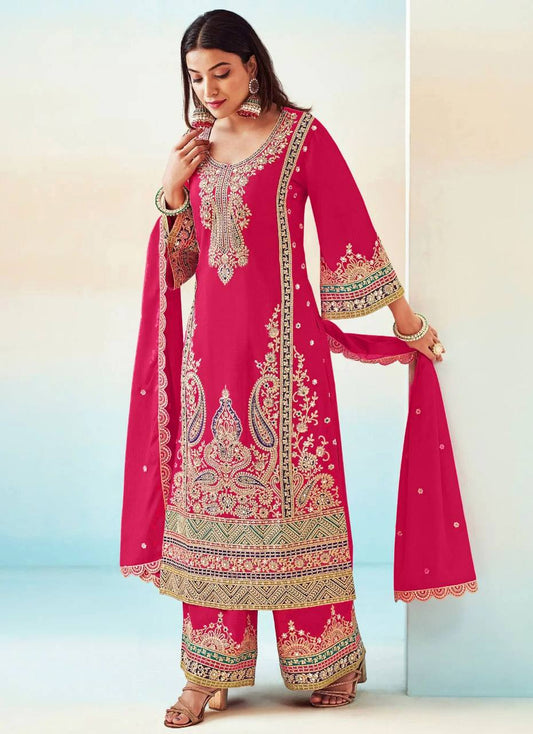 Chinon Fabric Partywear Embroidery Palazzo  Suit