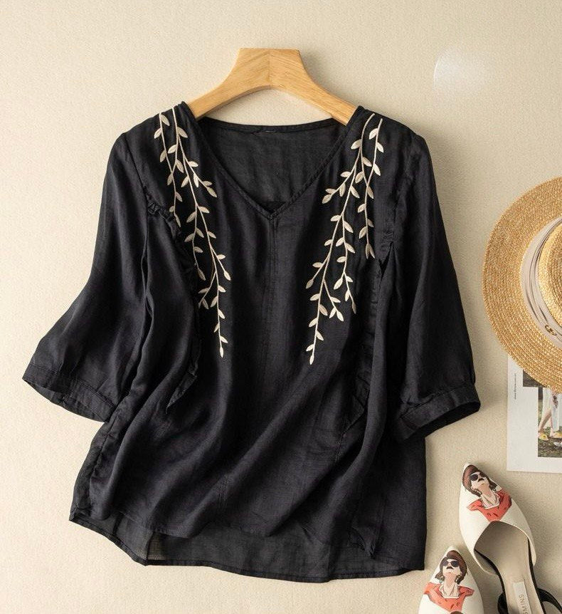 Premium Cotton Black Embroidered Shirt & Wide-Leg Pants Co-ord Set