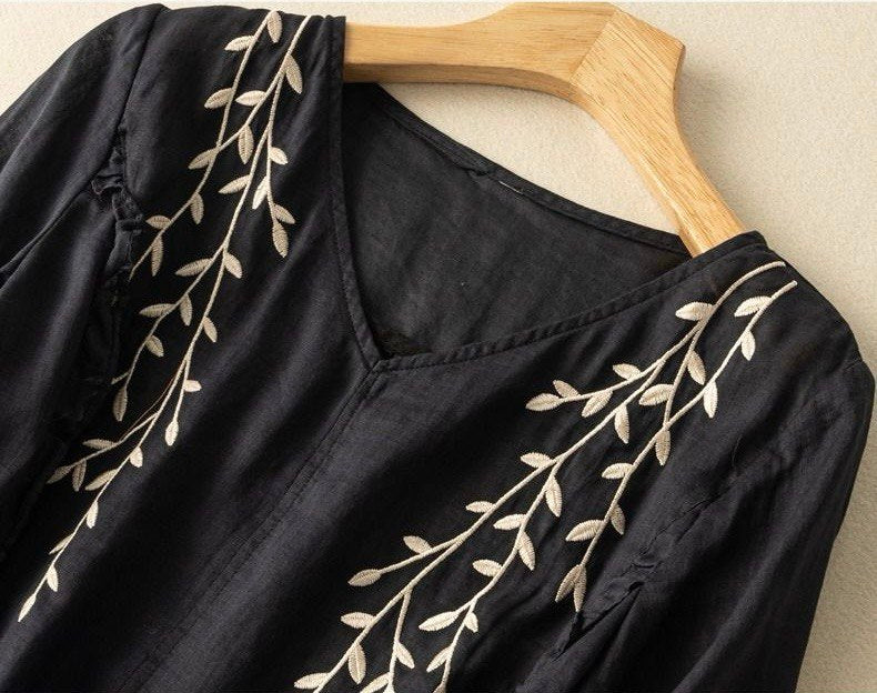 Premium Cotton Black Embroidered Shirt & Wide-Leg Pants Co-ord Set