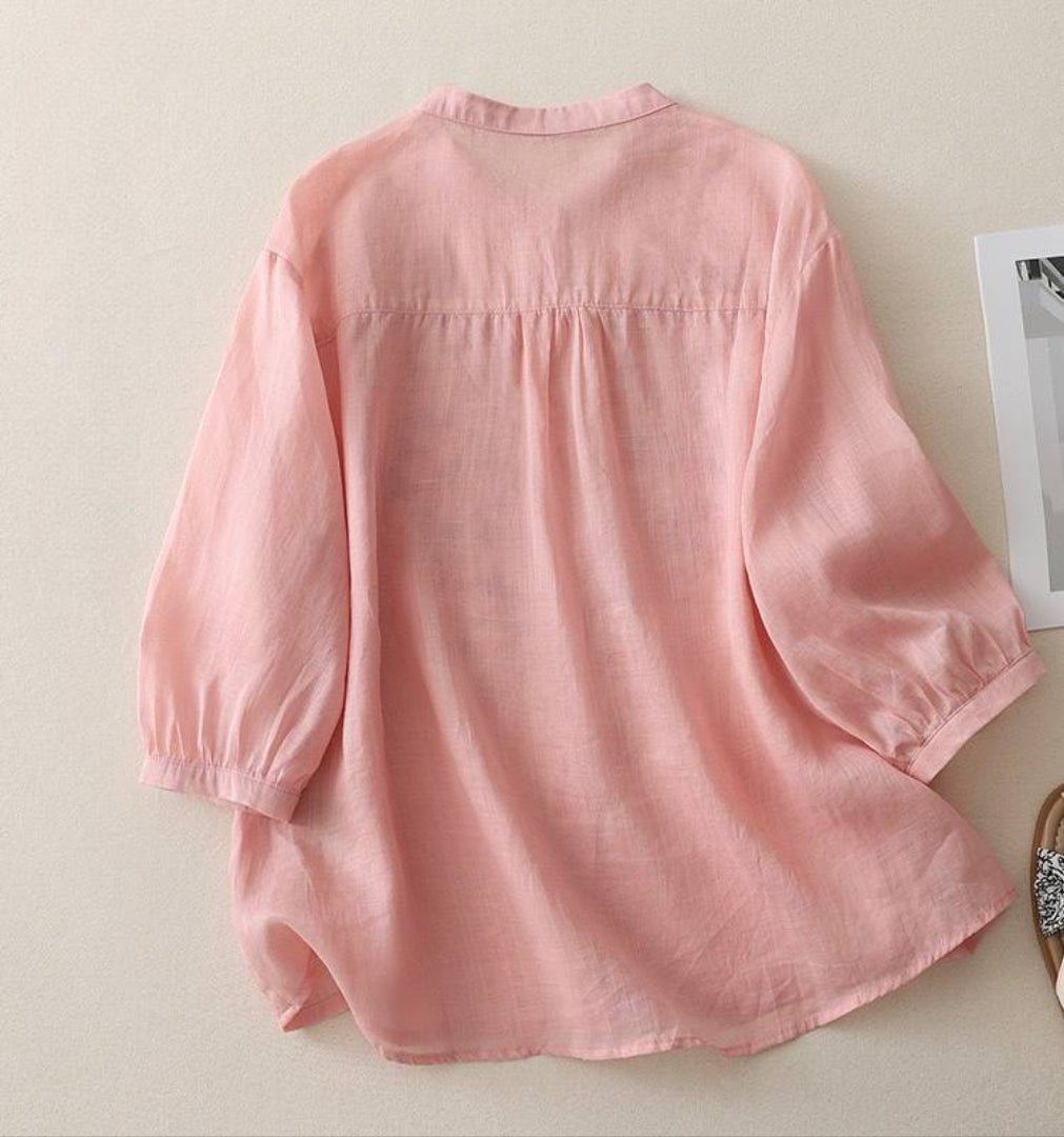 Women’s Pink Embroidered Shirt with Beige Pants Set