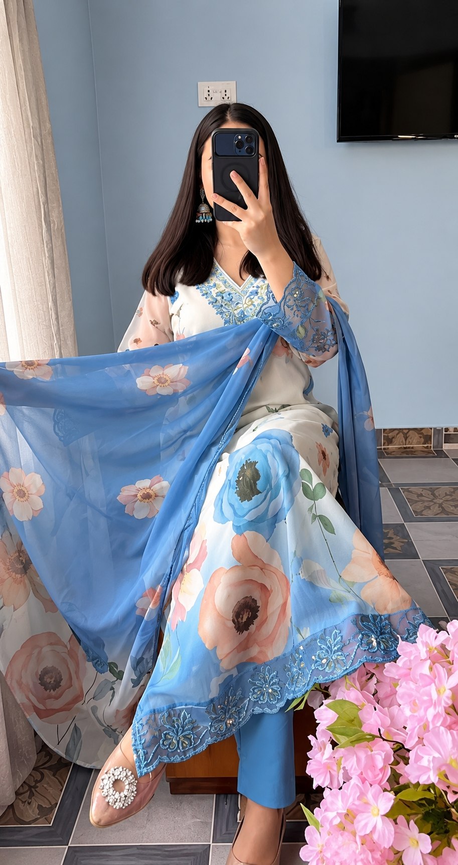 Premium Floral Chiffon Suit Set with Dupatta & Bracelet