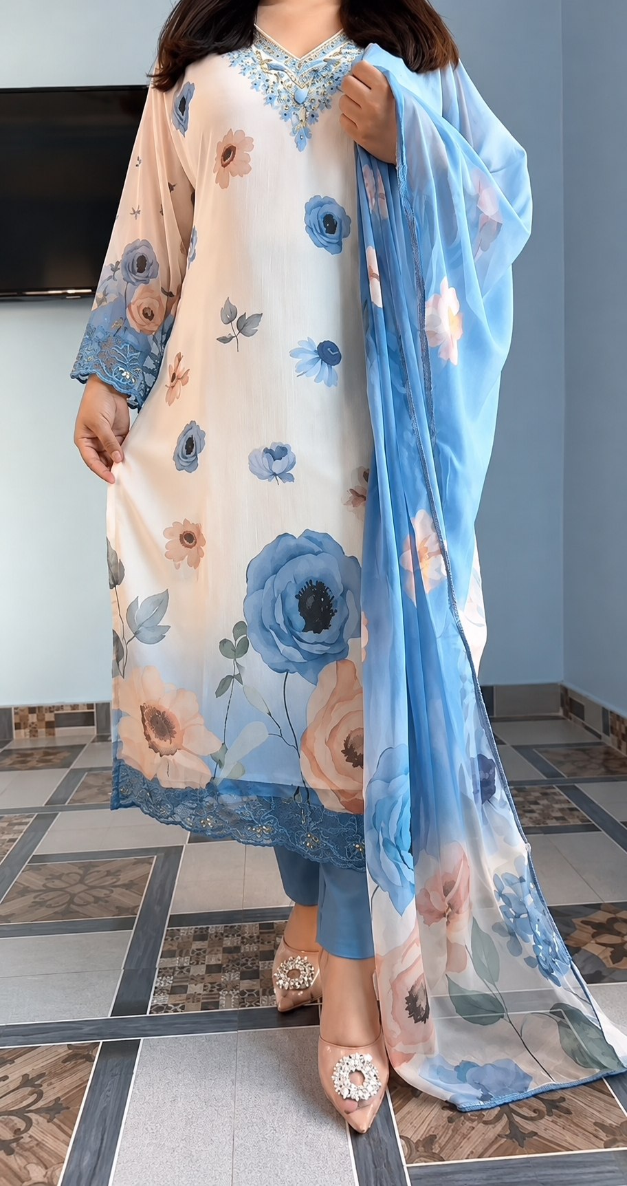 Premium Floral Chiffon Suit Set with Dupatta & Bracelet